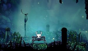 Hollow Knight sitting on a bench